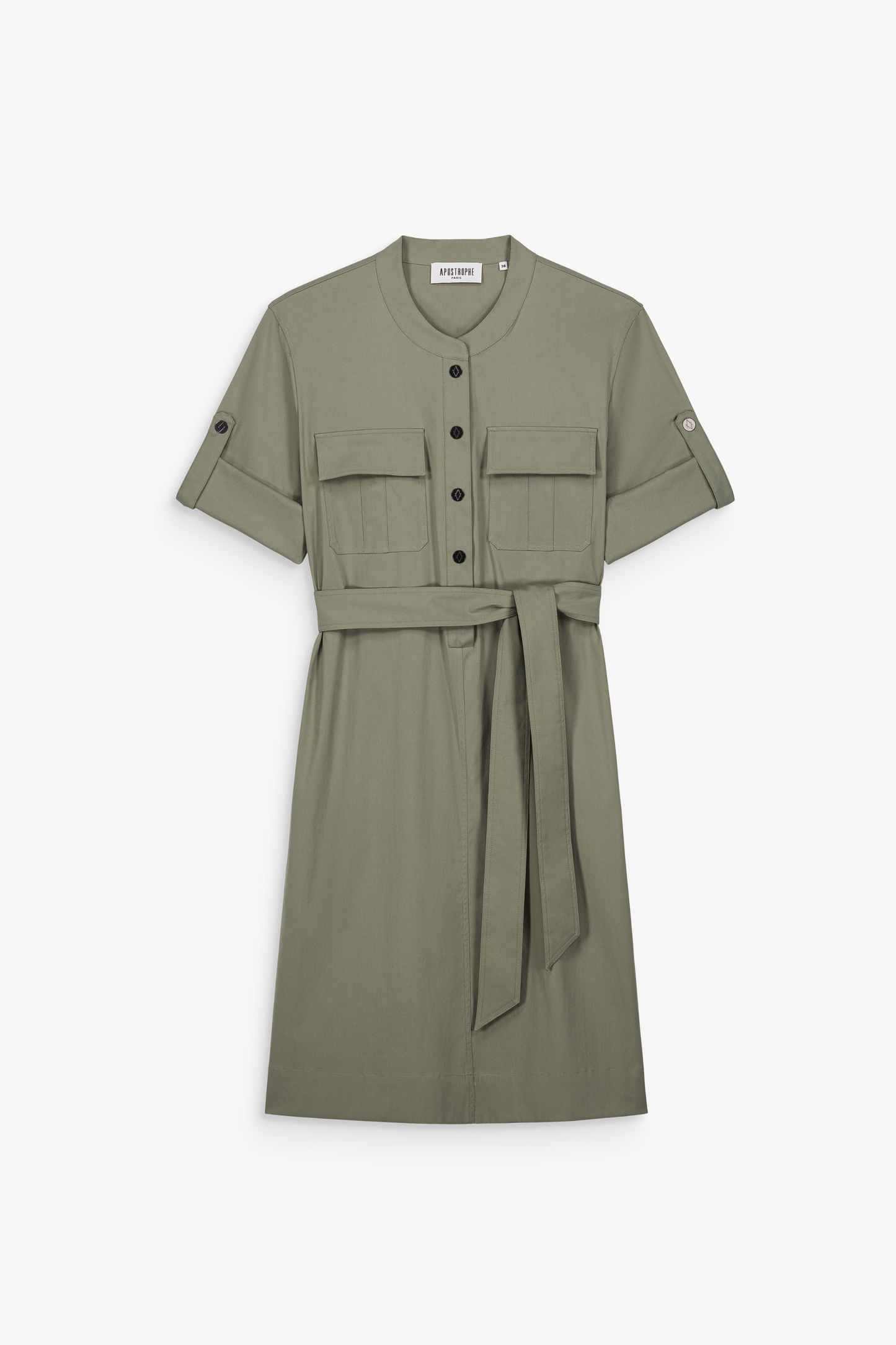 Robe midi en popeline stretch kaki, à col officier et poches plaquées.