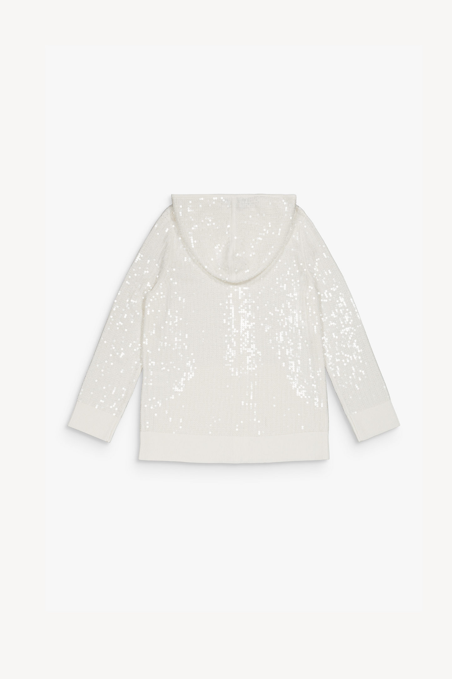 Gilet à capuche blanc cassé, mêlant soie et coton. Les strass délicats et les finitions côtelées 