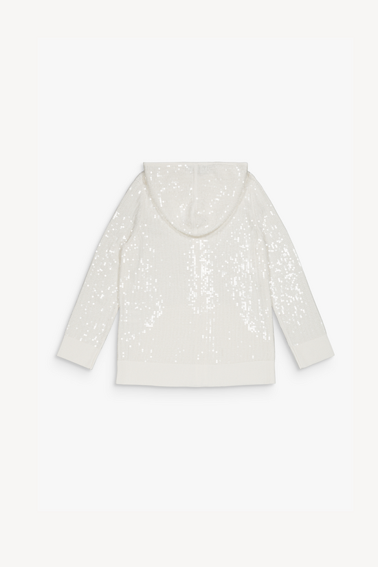 Gilet à capuche blanc cassé, mêlant soie et coton. Les strass délicats et les finitions côtelées 