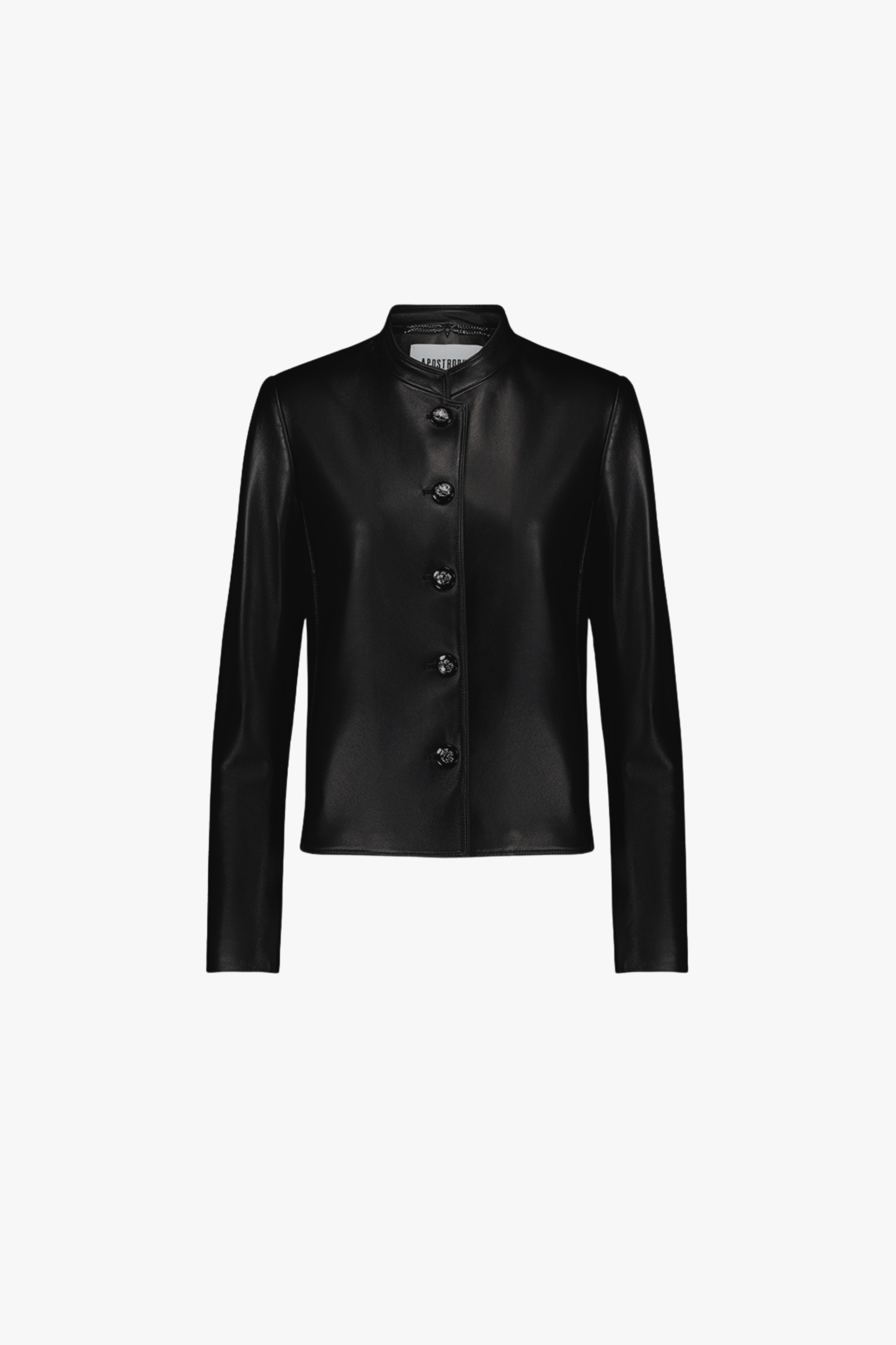 Veste en cuir noire, coupe droite avec manches longues et boutons blasons raffinés.