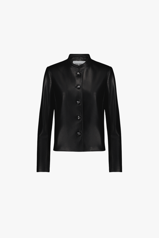 Veste en cuir noire, coupe droite avec manches longues et boutons blasons raffinés.