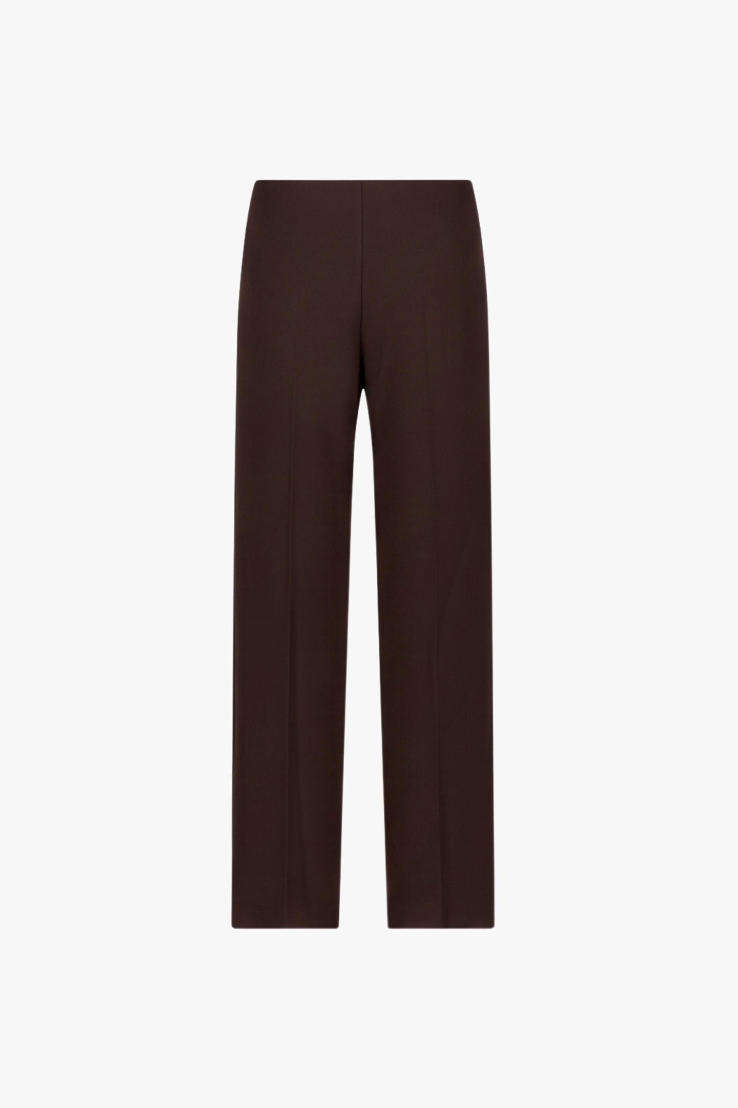 Pantalon droit marron foncé à taille haute, plis marqués et jambes longues.