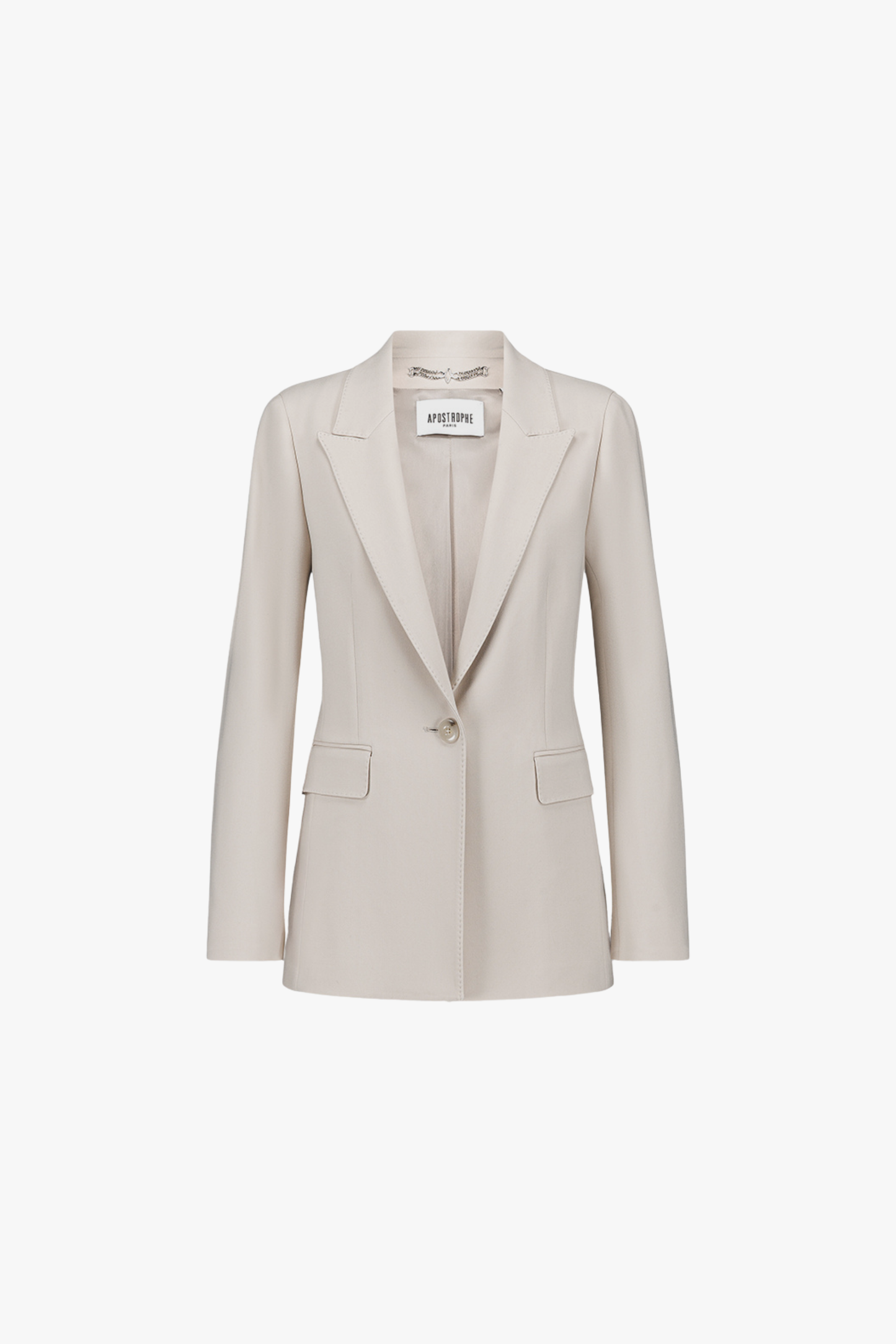 Veste ajustée ton béton à col tailleur, double boutonnière et poches plaquées.
