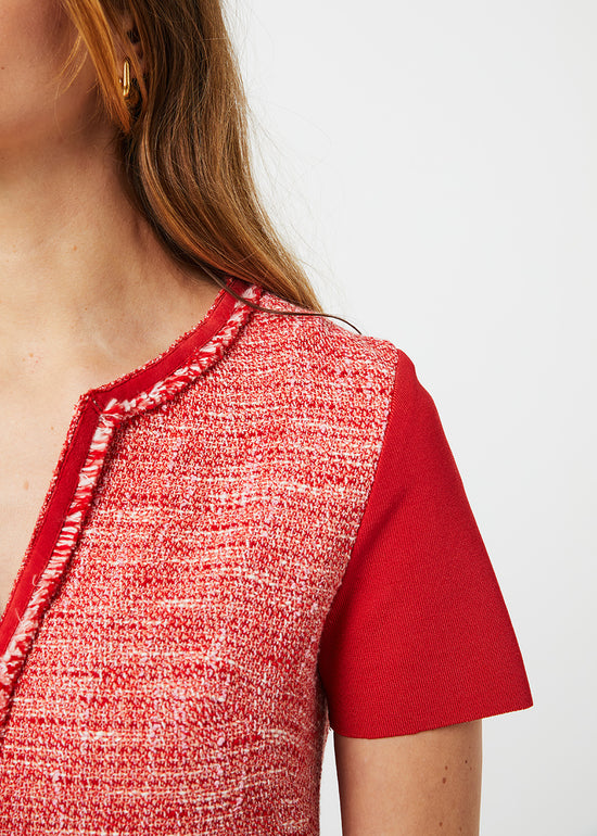 ROBE MANCHES COURTES EN TWEED ROUGE