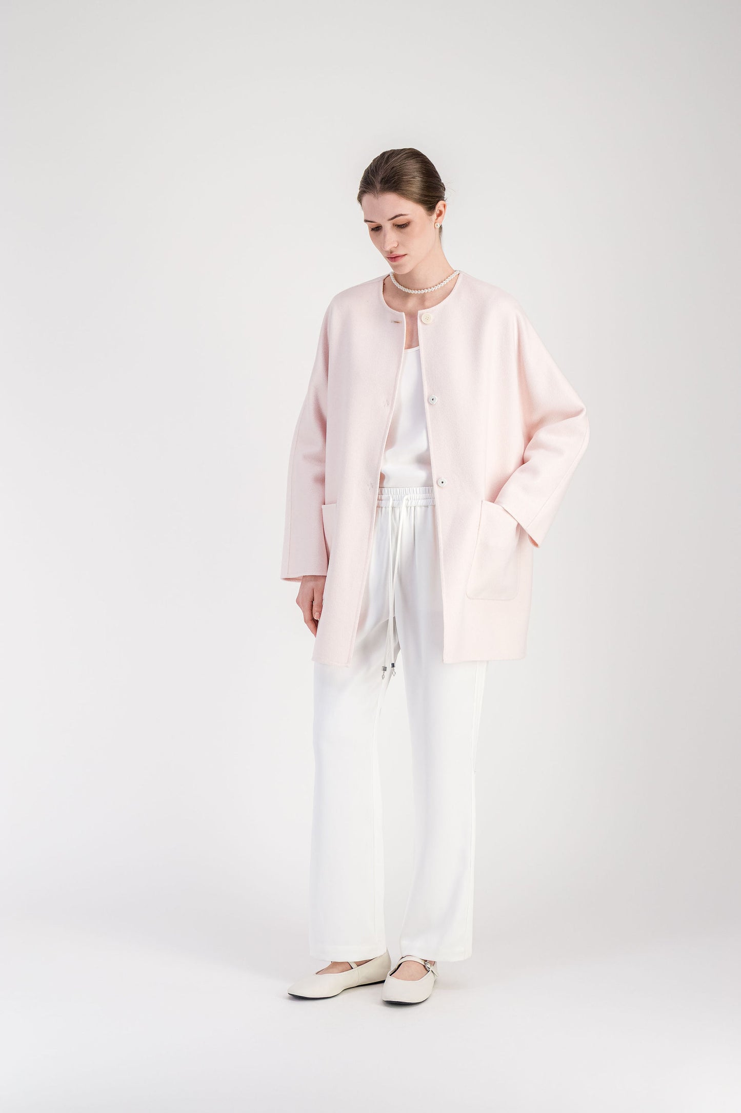 Manteau long rose pâle en cachemire double face