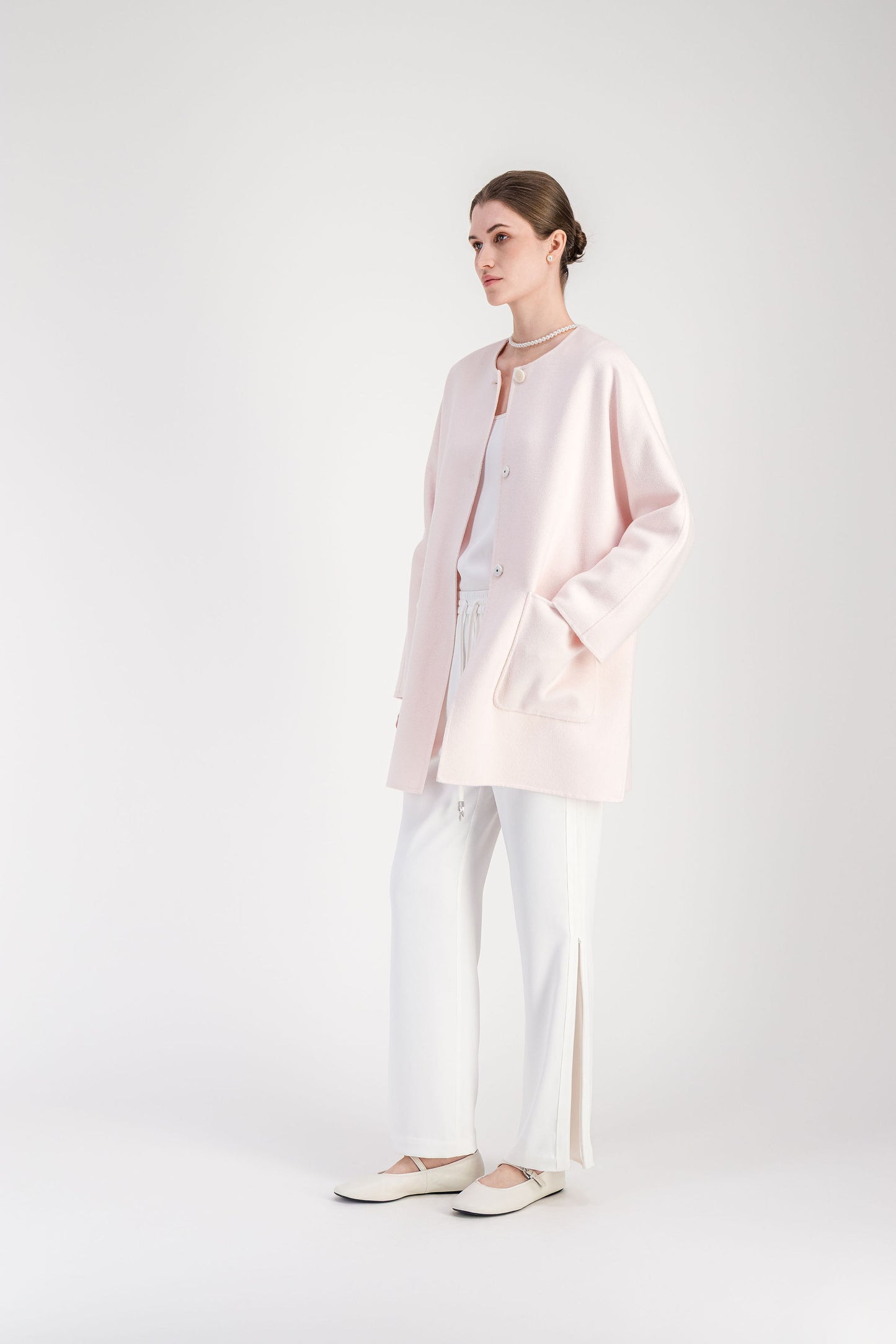 Manteau long rose pâle en cachemire double face