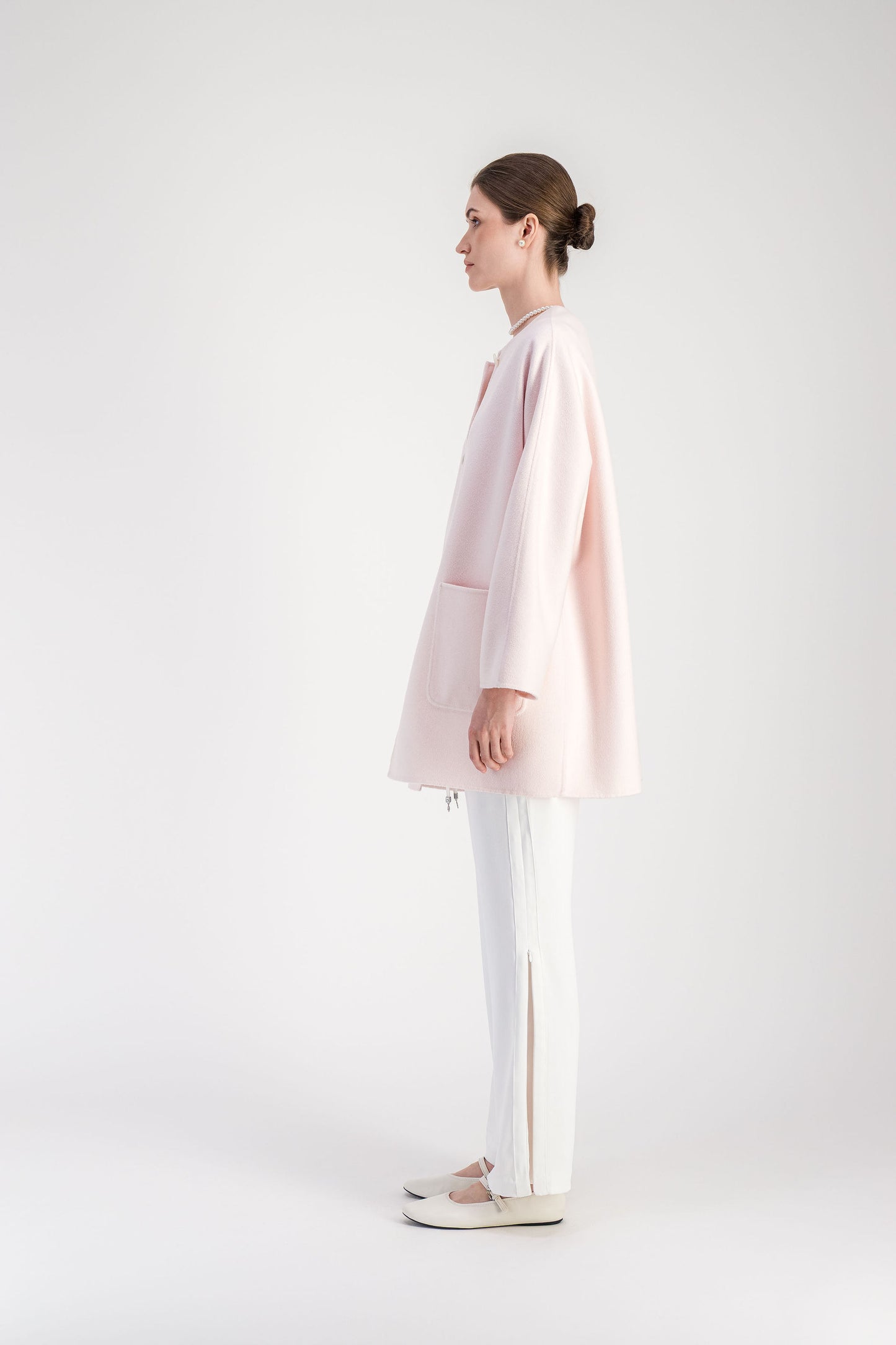 Manteau long rose pâle en cachemire double face