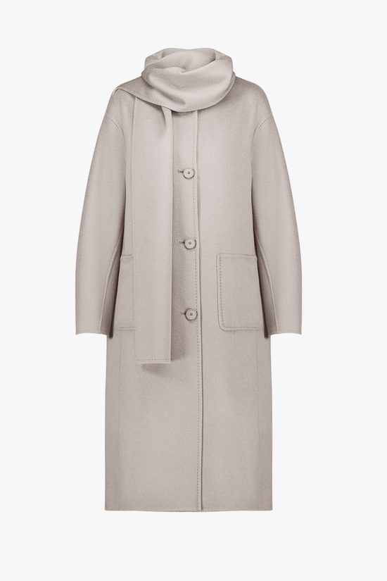 Manteau long réversible en laine et cachemire taupe et béton.