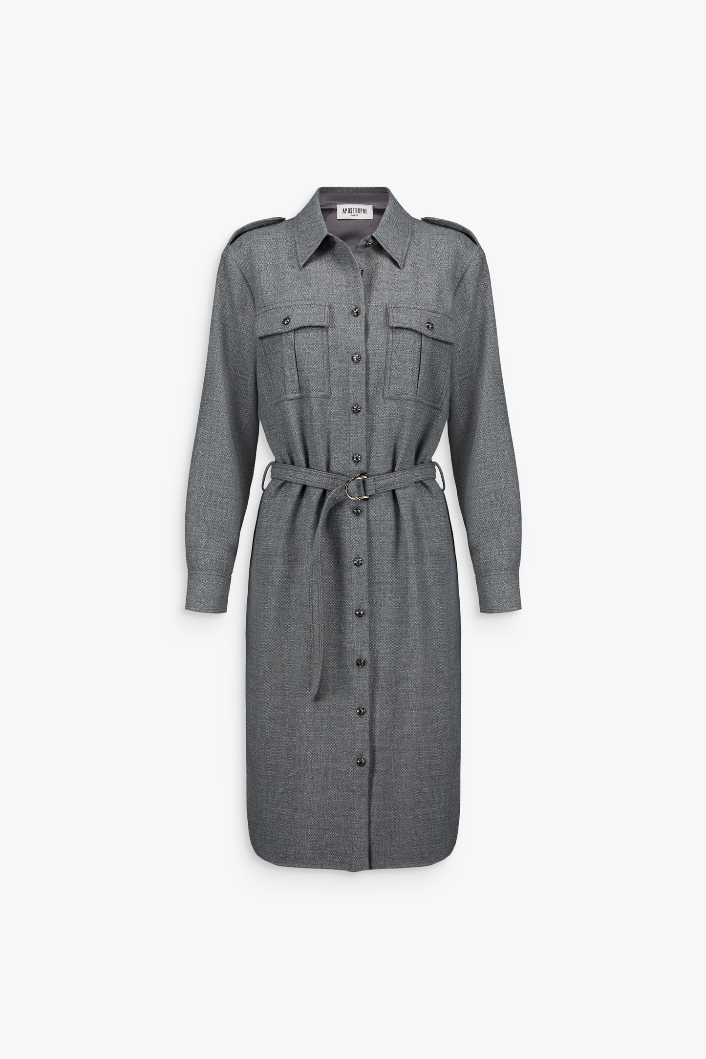 Robe courte grise avec col ton sur ton et ceinture ajustable
