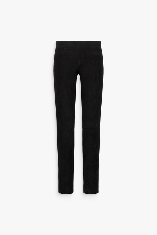 Legging en daim noir, coupe ajustée et taille élastique.
Silhouette nette, détails de poches décoratives.