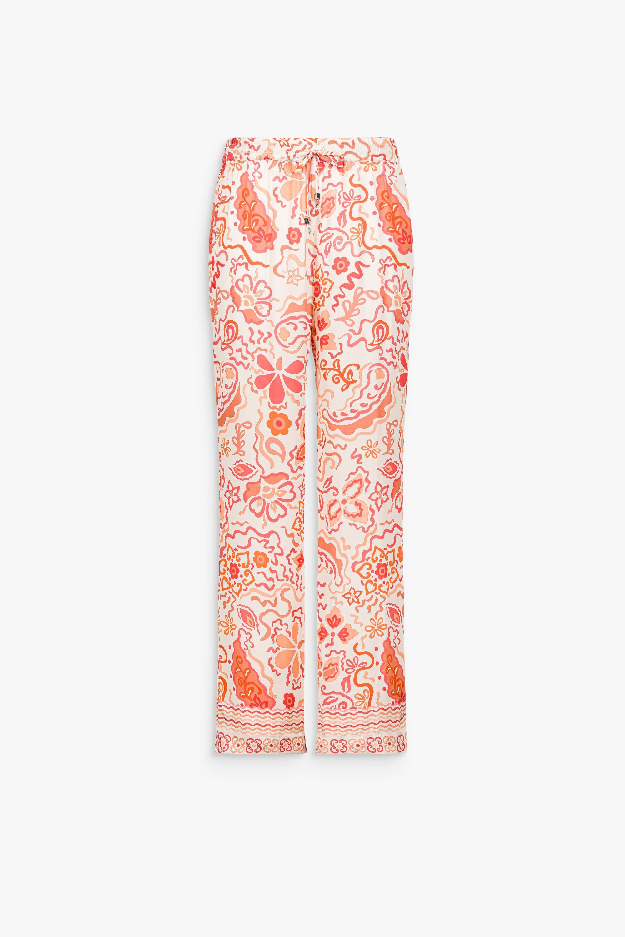 Pantalon long imprimé floral multicolore. Taille smockée, coupe fluide et lien décoratif pour un porté confortable au quotidien.