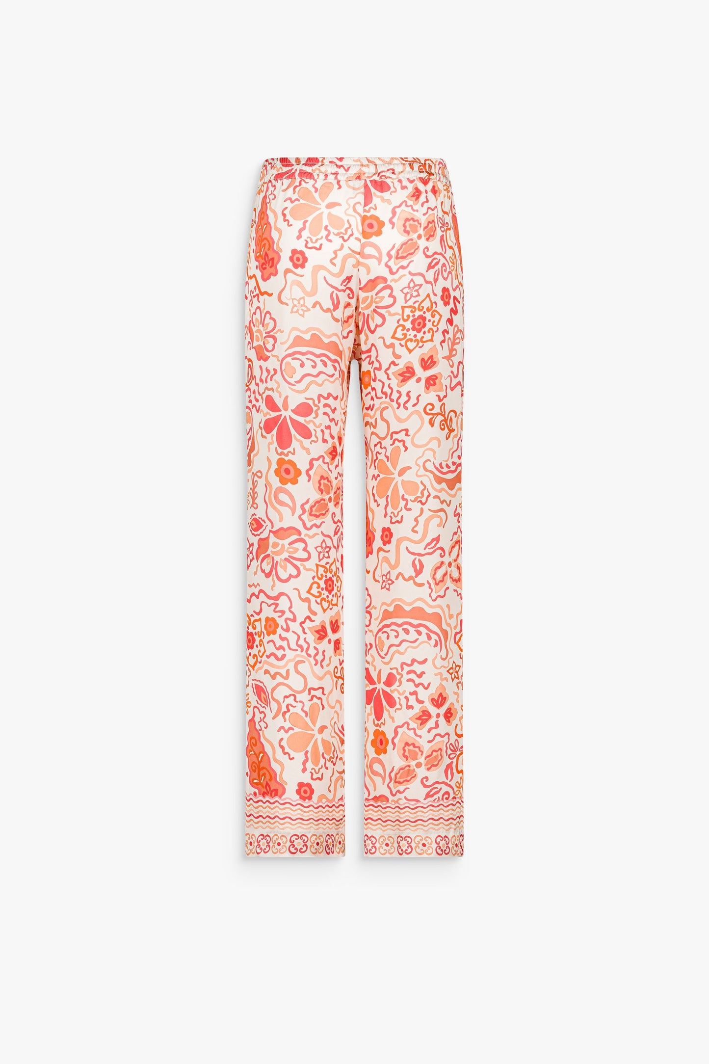 Pantalon imprimé floral multicolore à coupe fluide. Taille smockée avec lien décoratif et jambe droite pour un porté souple.