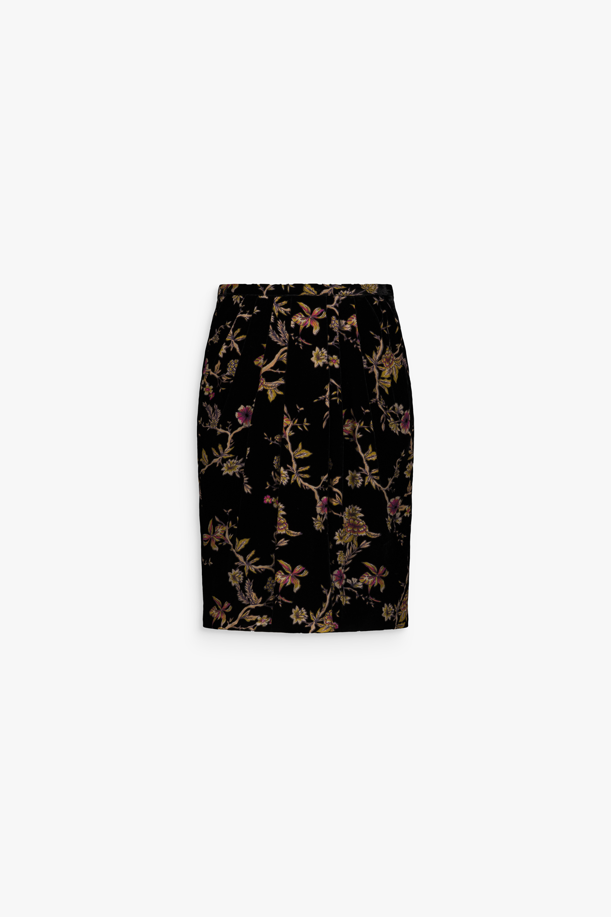 Jupe en velours de soie fluide avec motif floral et volant délicat sur le devant.