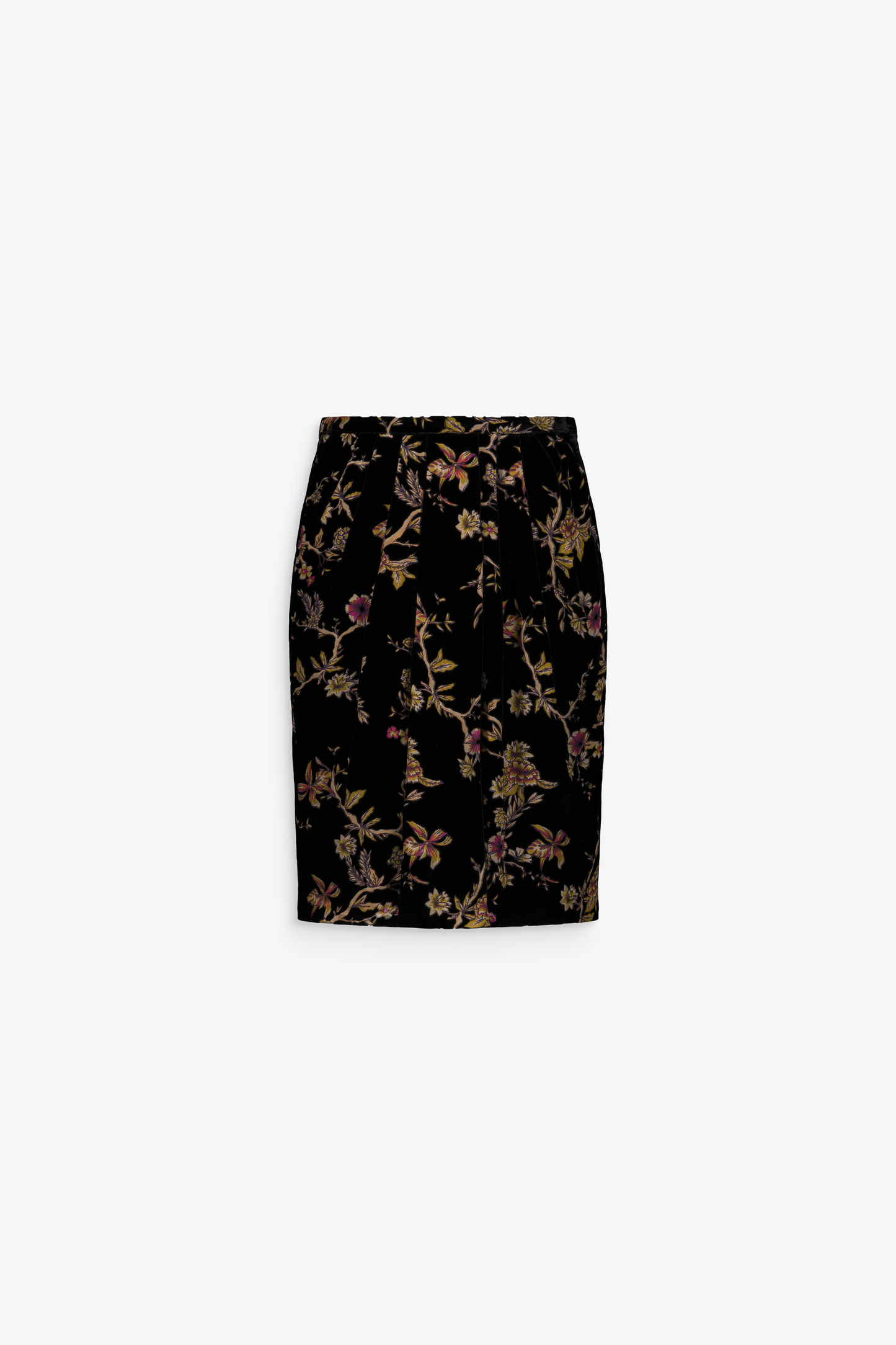 Jupe en velours de soie fluide avec motif floral et volant délicat sur le devant.