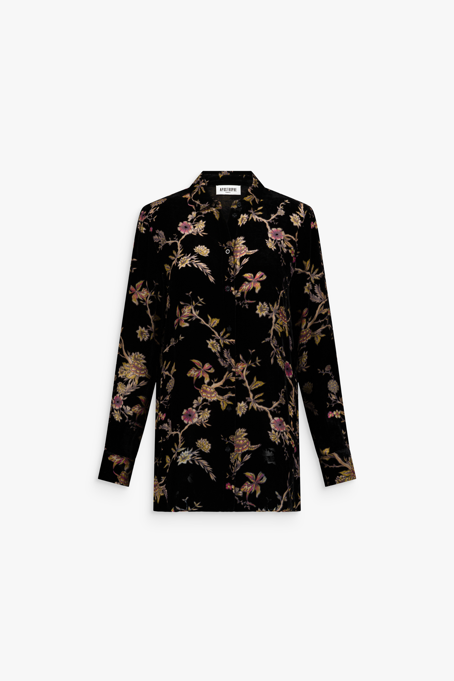 Chemise longue en velours de soie à imprimé floral, montrant la texture veloutée et la transparence délicate des motifs.