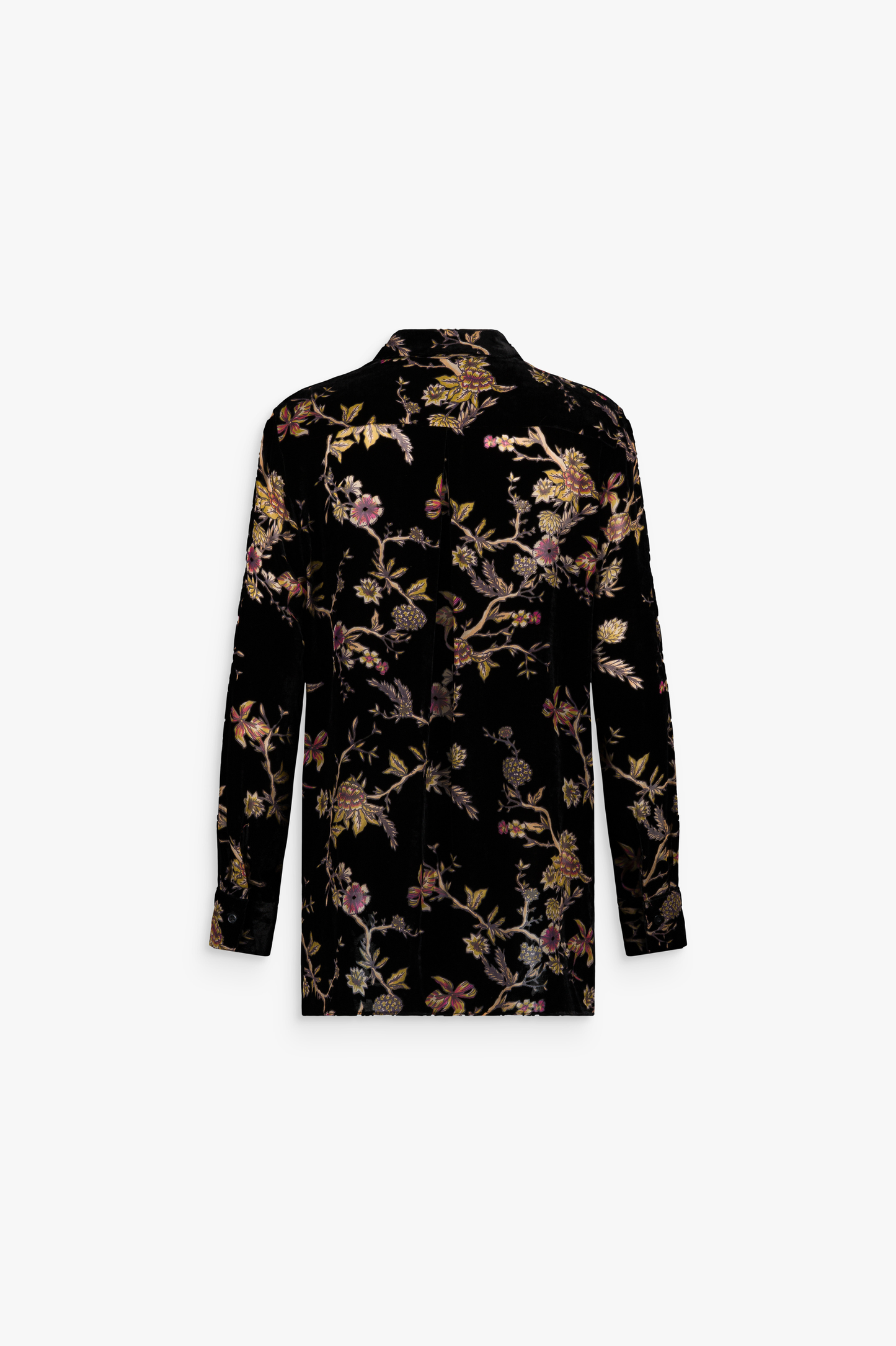 Chemise en velours de soie grenat à motif floral, légèrement transparente, avec coupe droite et col chemise.