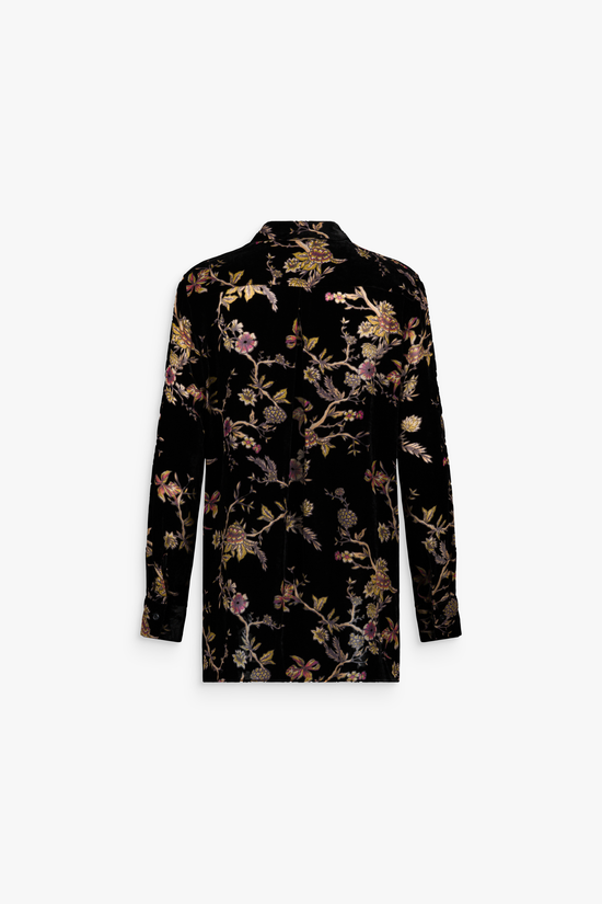Chemise en velours de soie grenat à motif floral, légèrement transparente, avec coupe droite et col chemise.