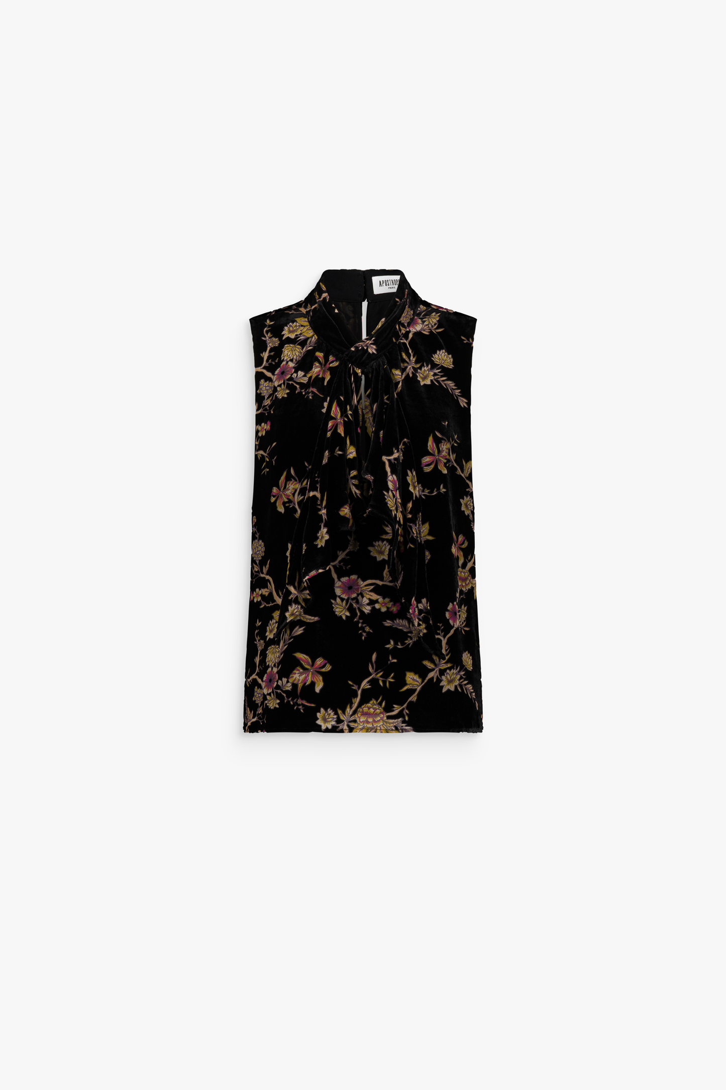 Blouse sans manches en velours de soie à motif floral avec col lavallière.