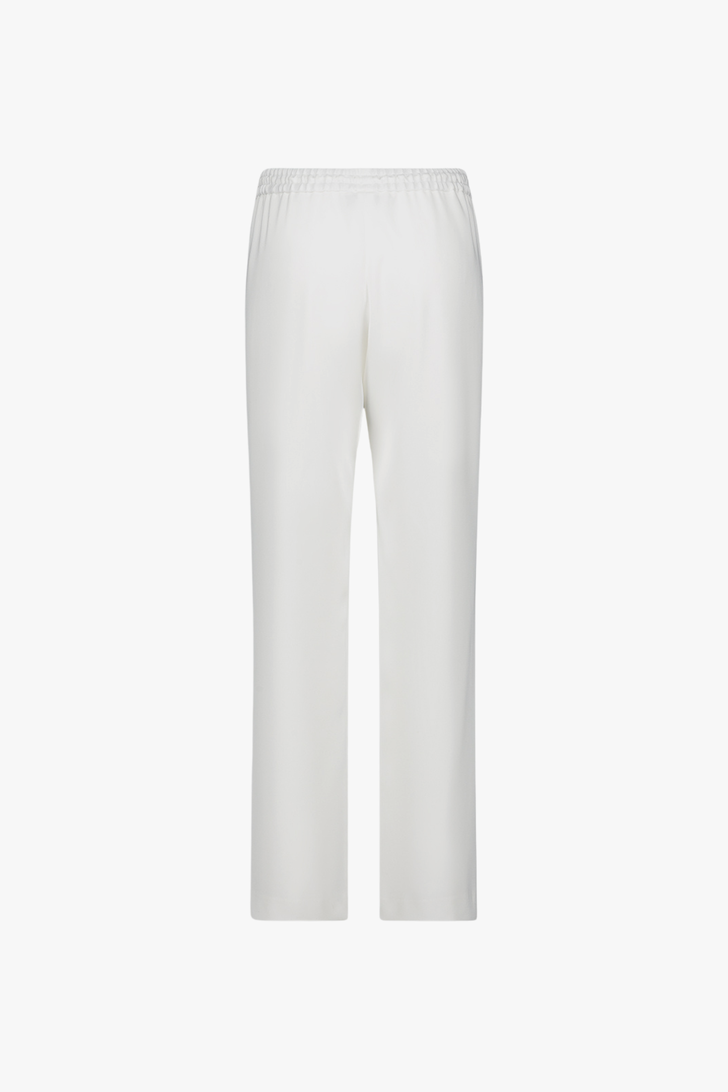 Pantalon droit blanc cassé à taille élastiquée et coupe fluide, silhouette élégante.