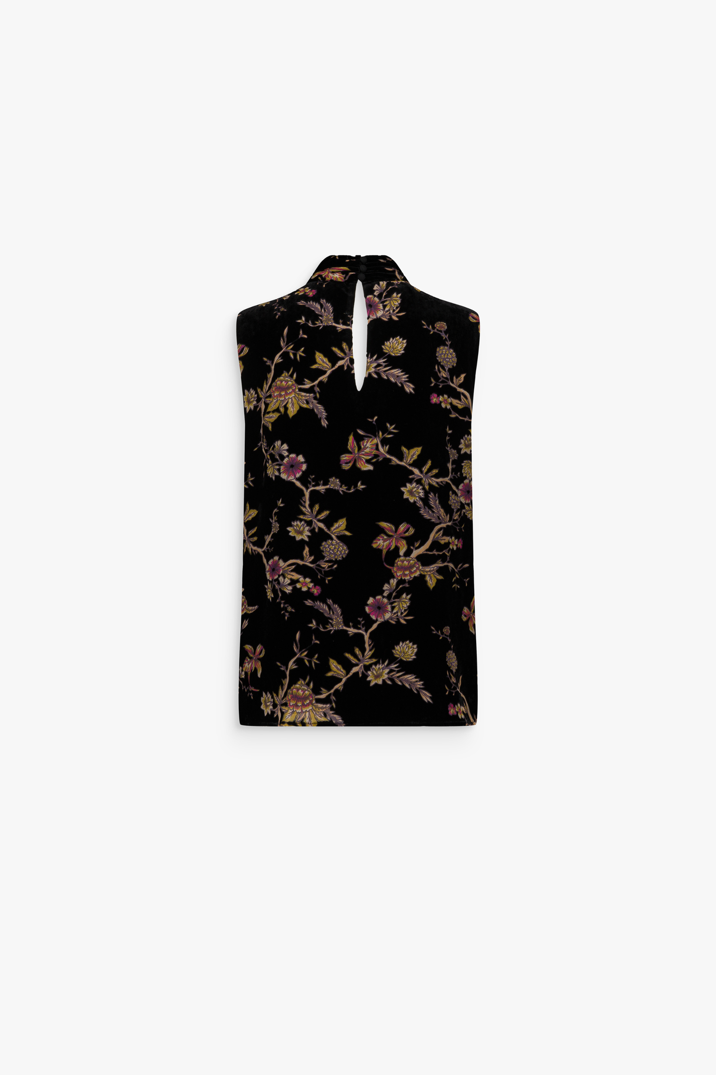 Haut fluide en velours de soie, col lavallière et détail bouton au dos, motif floral transparent.
