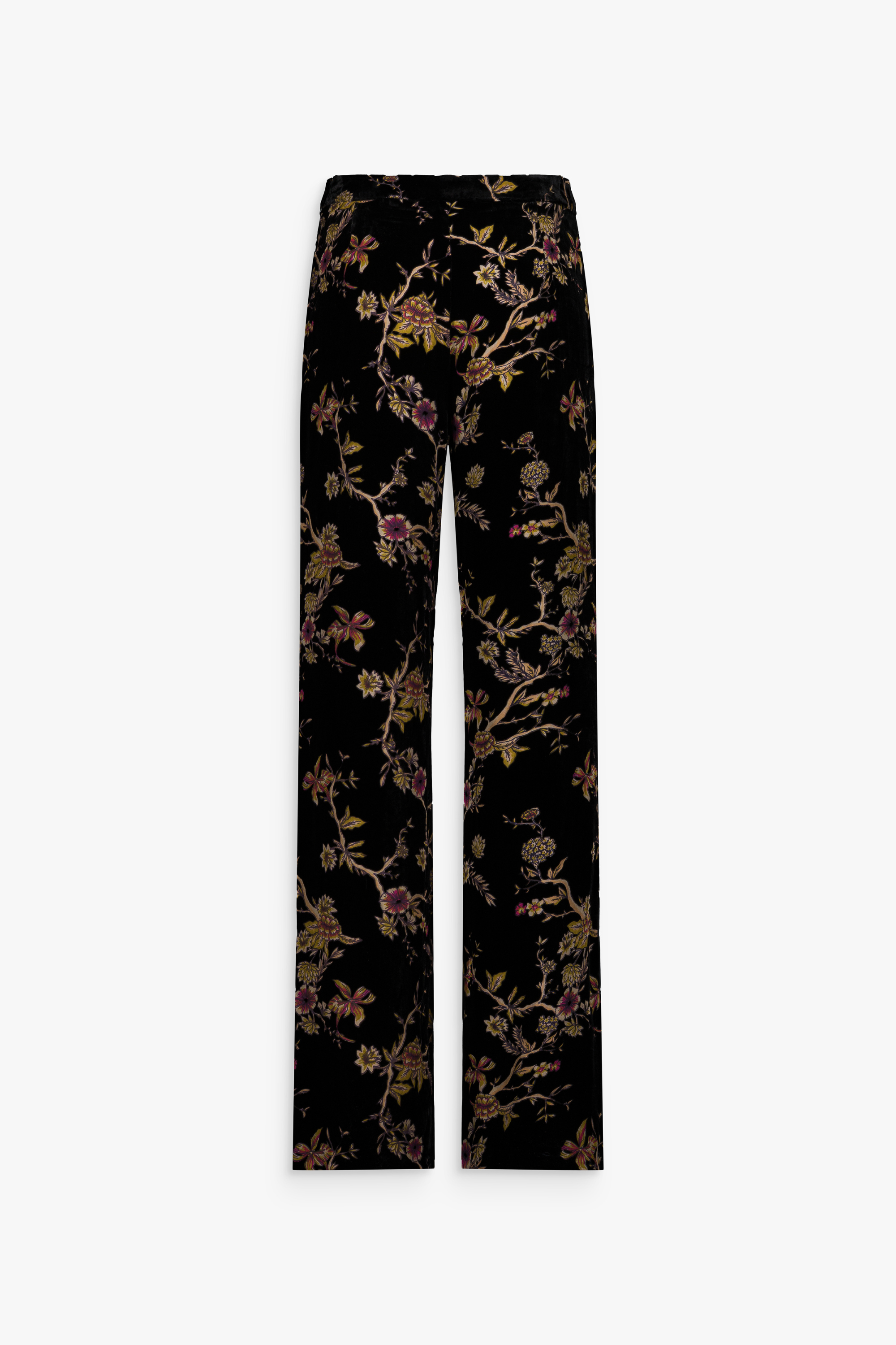 Pantalon droit en velours de soie noir avec motif floral discret, présenté de face.