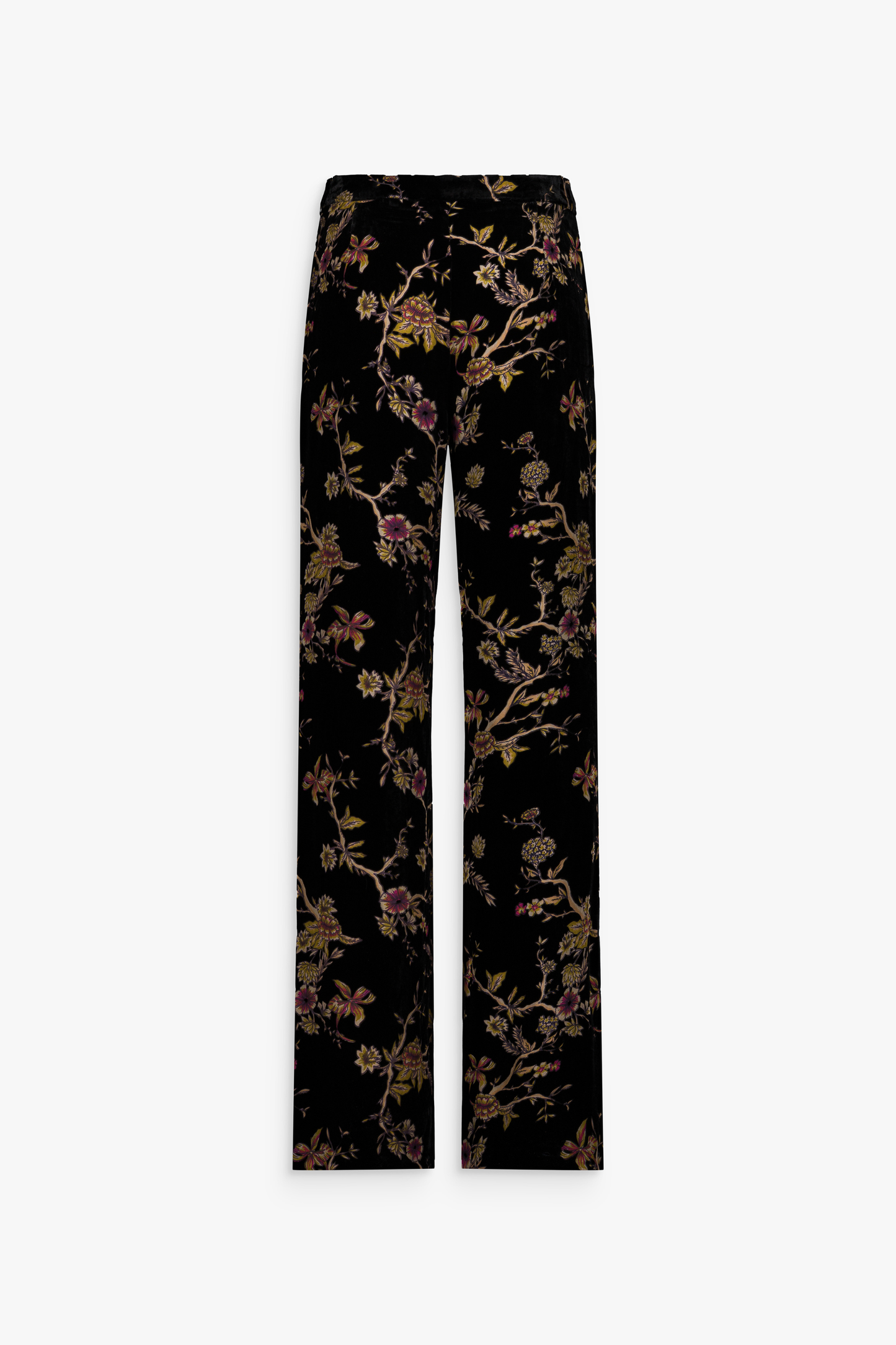 Pantalon droit en velours de soie noir avec motif floral discret, présenté de face.