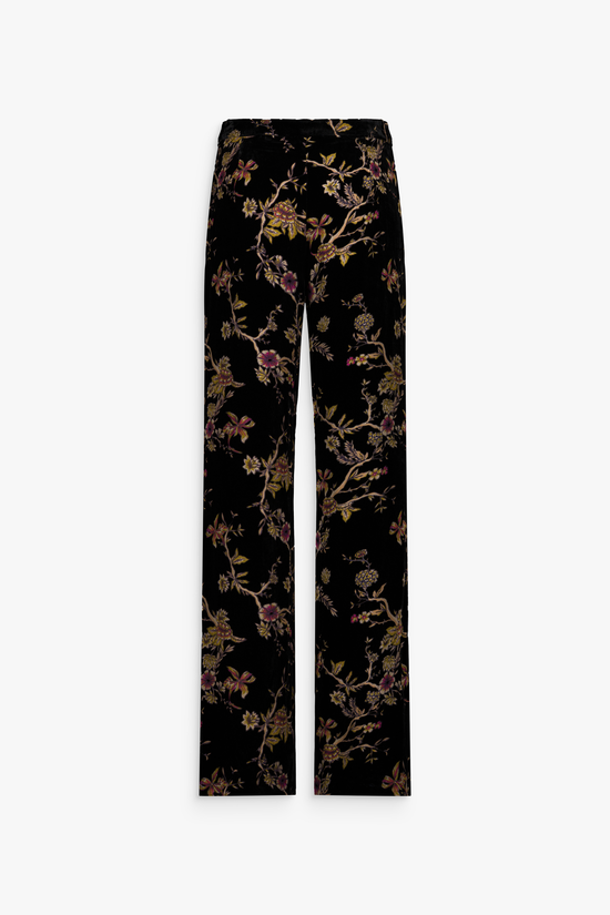 Pantalon droit en velours de soie noir avec motif floral discret, présenté de face.