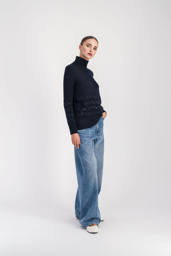 Navy sequined high neck sweater