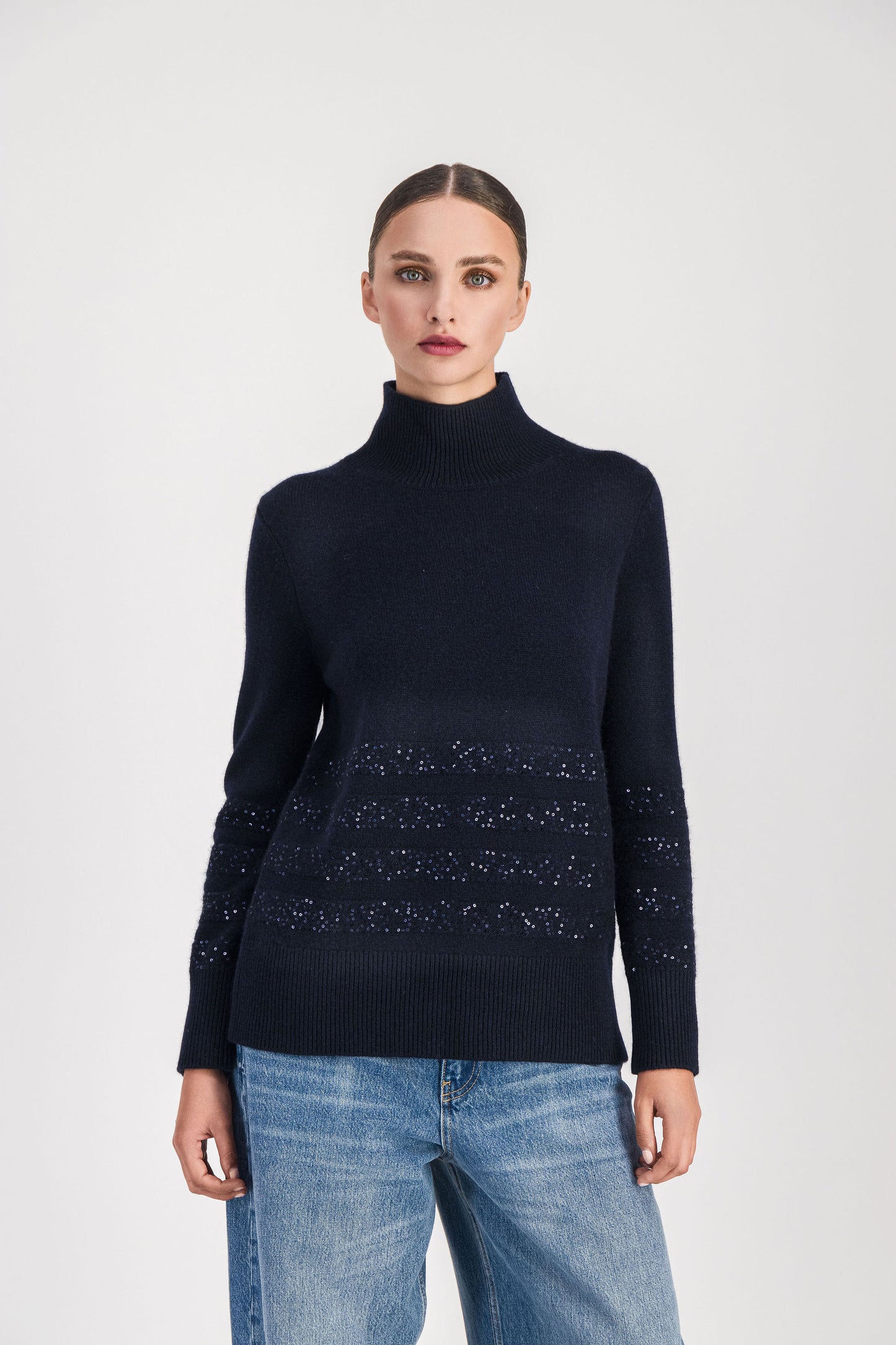 Navy sequined high neck sweater