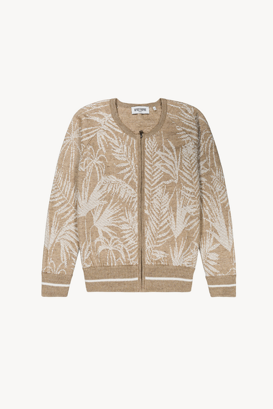 Gilet en maille style bombers, avec motif palmiers en relief, col rond et fermeture zippée.