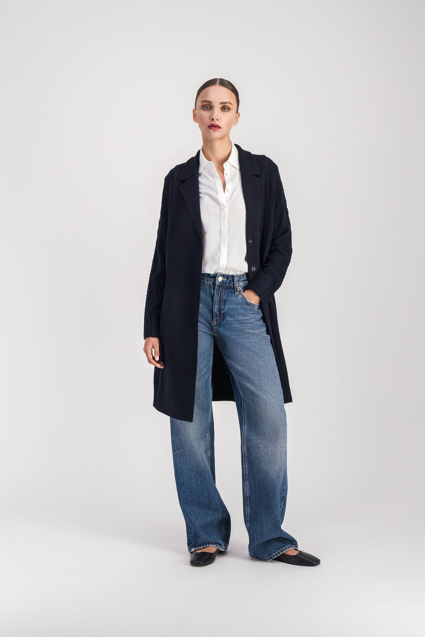 Navy ribbed mid-length coat