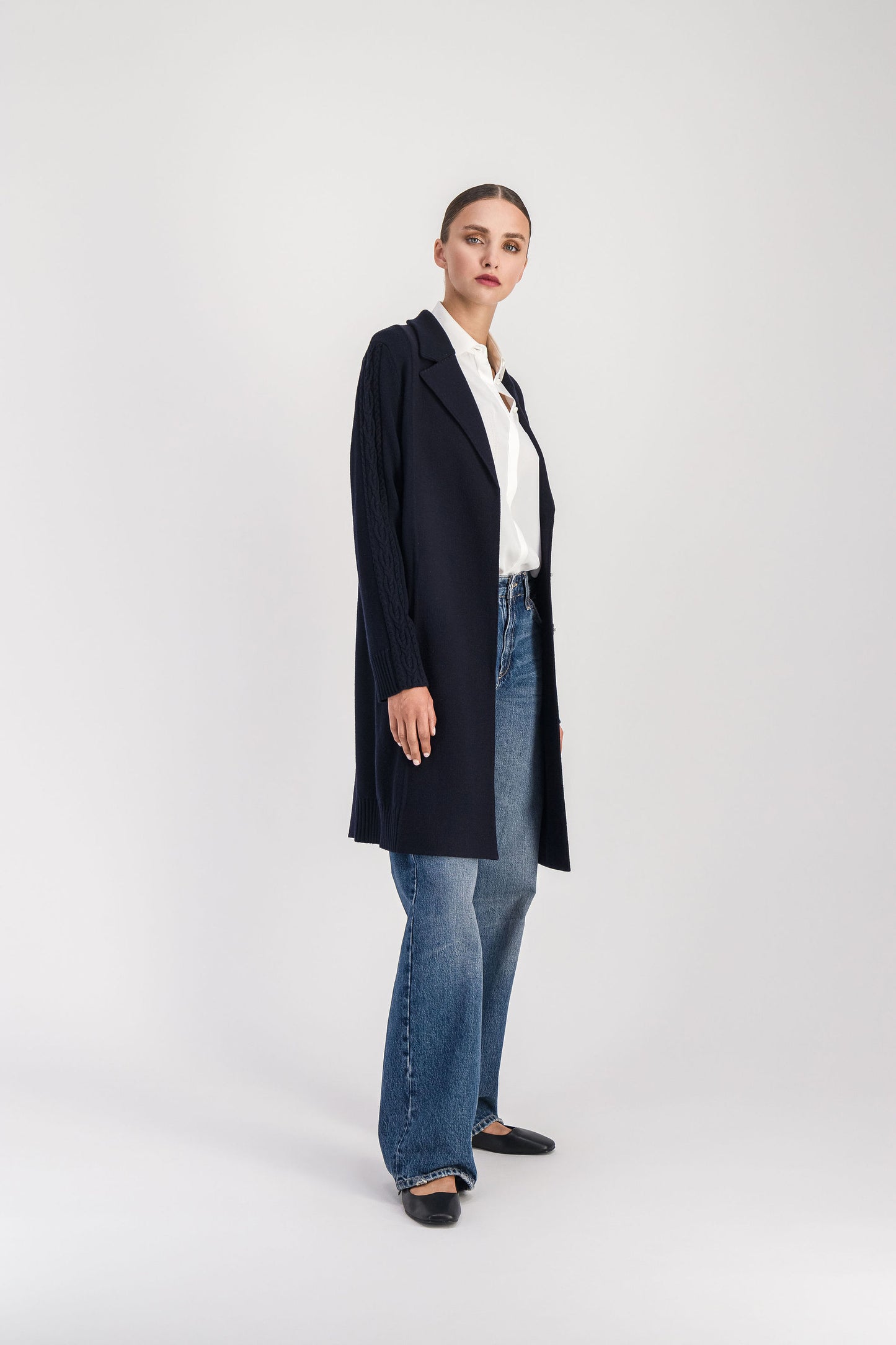 Navy ribbed mid-length coat