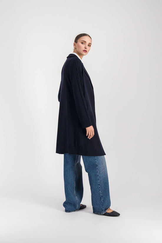 Navy ribbed mid-length coat