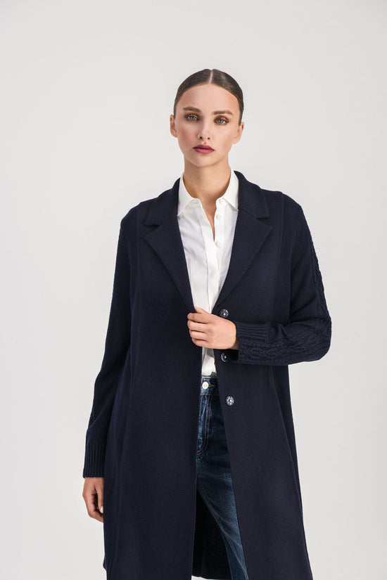 Navy ribbed mid-length coat