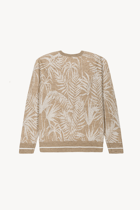 Détail du gilet en lin et coton avec maille fantaisie palmiers, mettant en valeur les finitions côtelées et le design moderne.