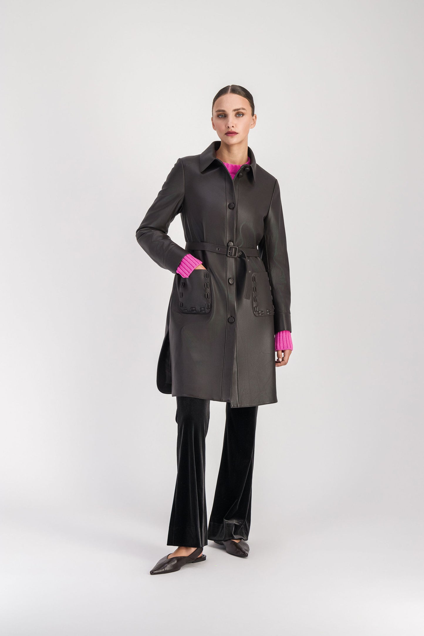 Manteau chemise mi-long en cuir ebene