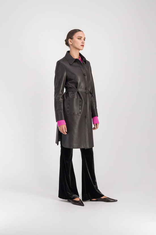 Manteau chemise mi-long en cuir ebene