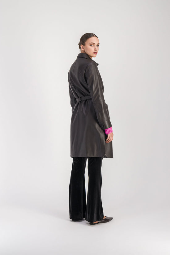 Manteau chemise mi-long en cuir ebene