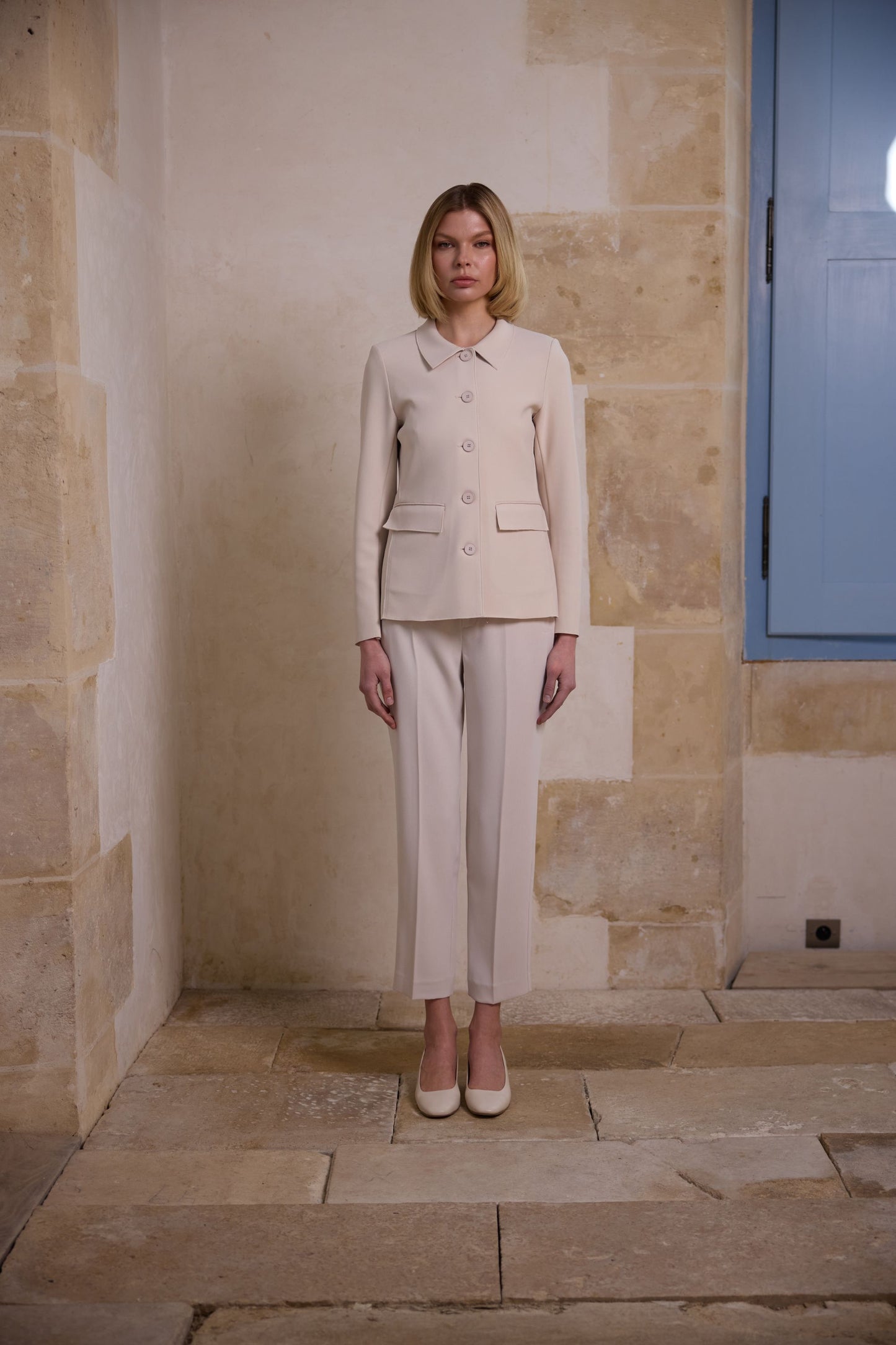 Straight-cut, concrete-colored jacket with patch pockets