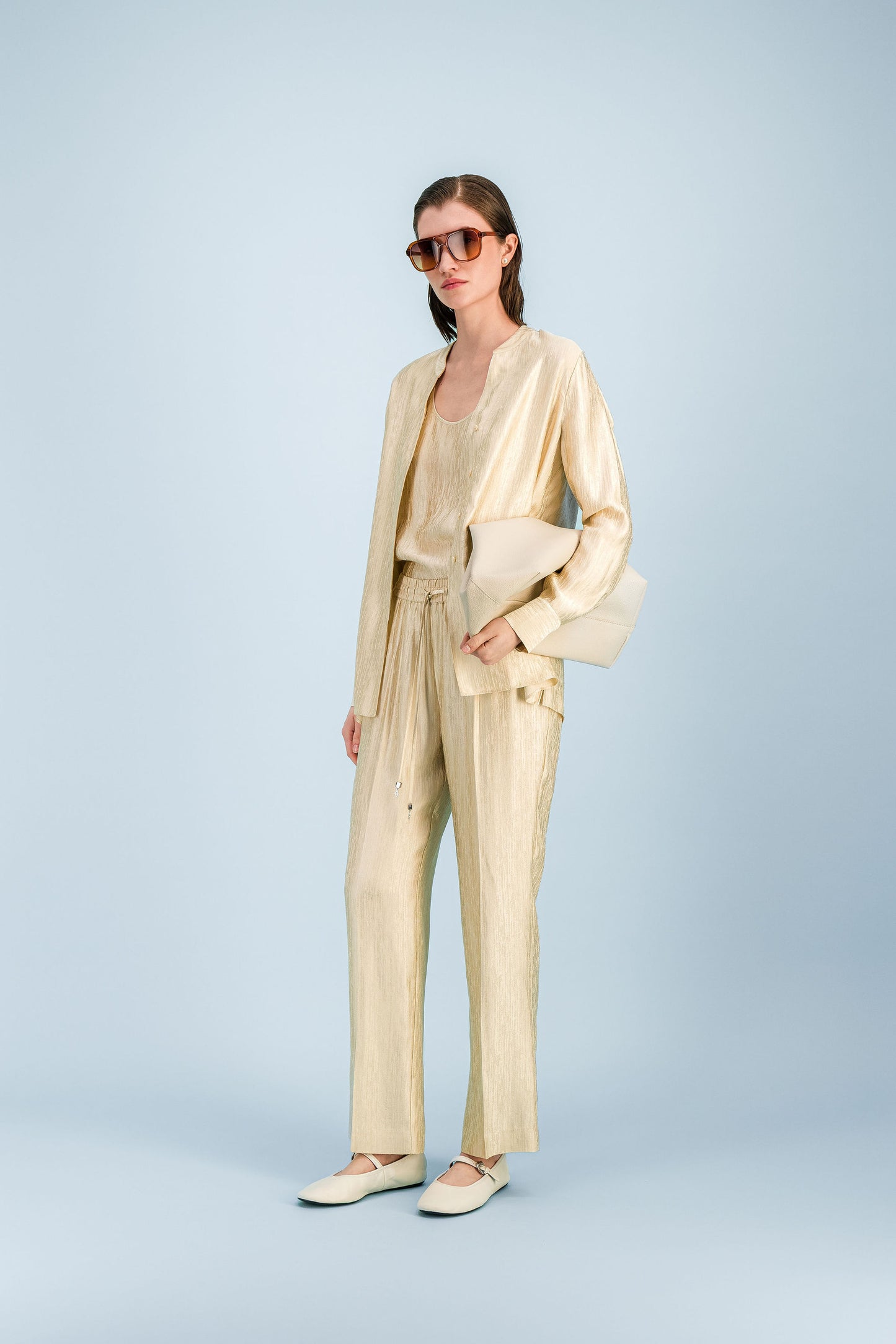 Pantalon droit jaune clair avec taille ajustable