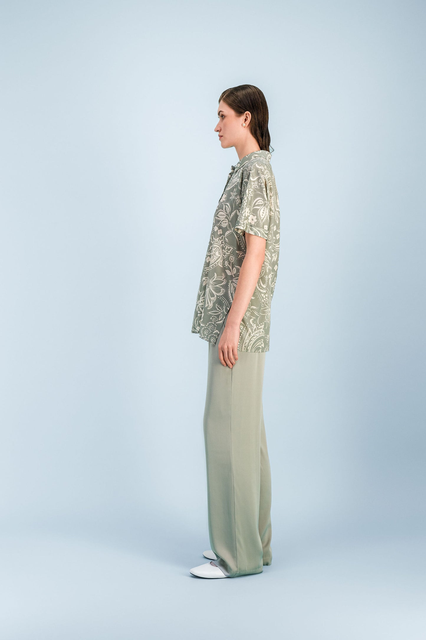 Tunique imprimée sauge en soie stretch