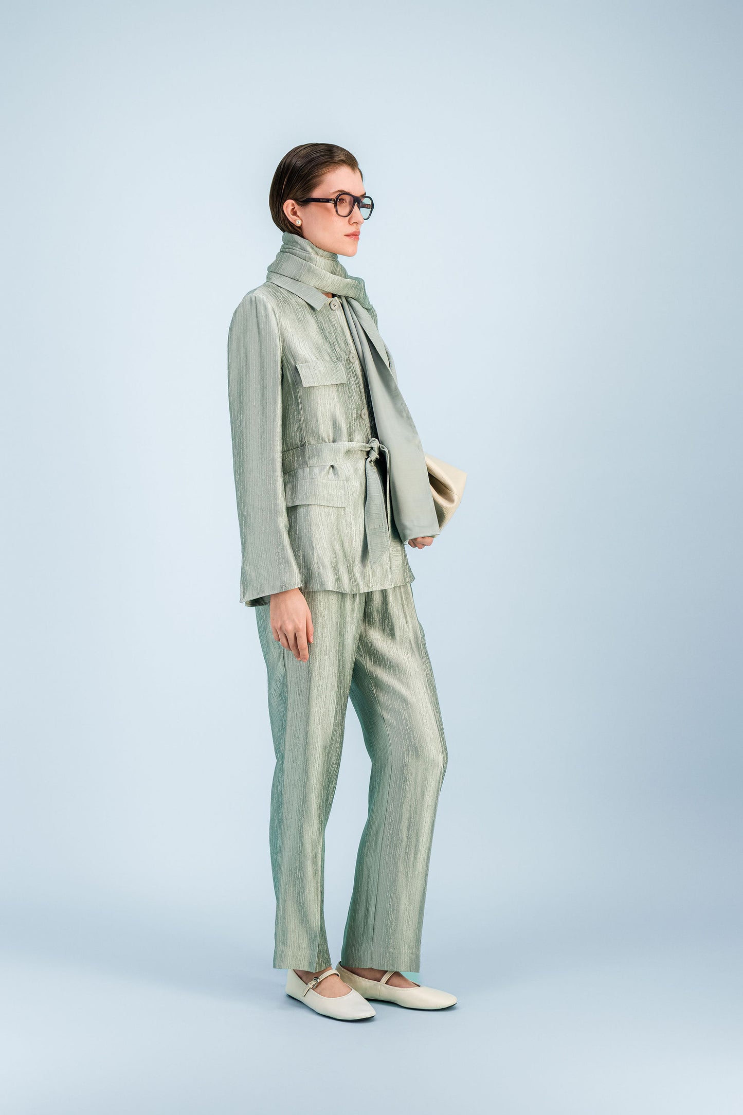 Veste-chemise droite sauge ceinturé