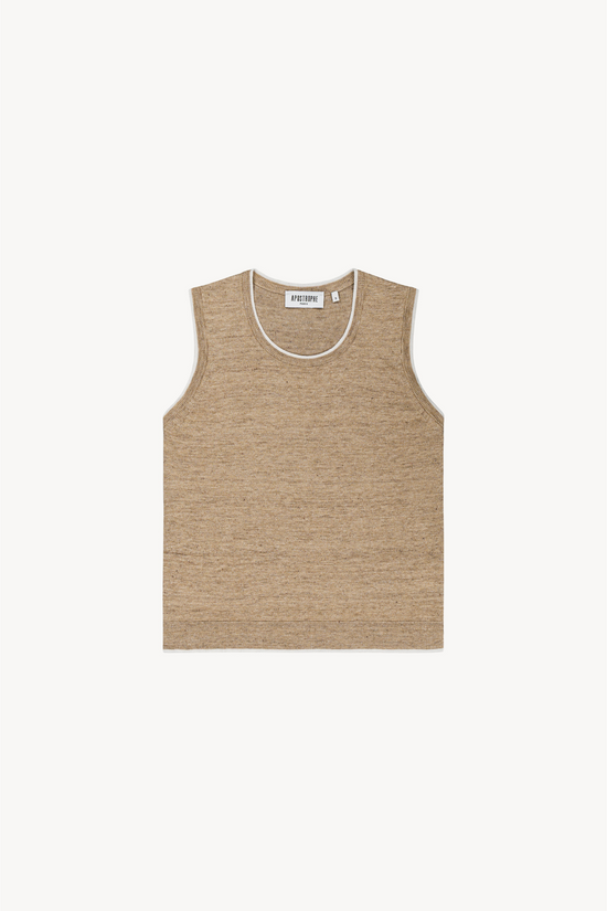 Ce débardeur en maille de lin beige clair séduit par sa coupe épurée, son col rond et ses finitions côtelées.