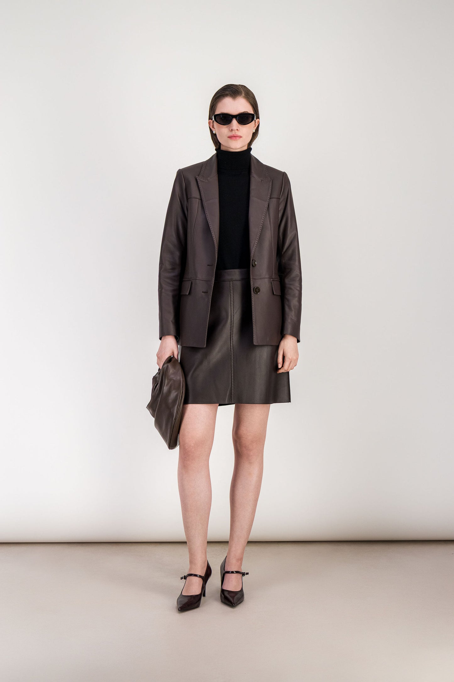 Brown leather trapeze skirt