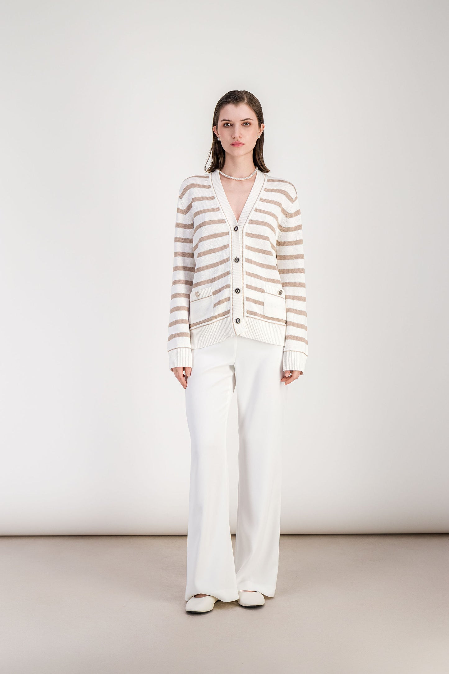 Cardigan droit beige moyen rayé