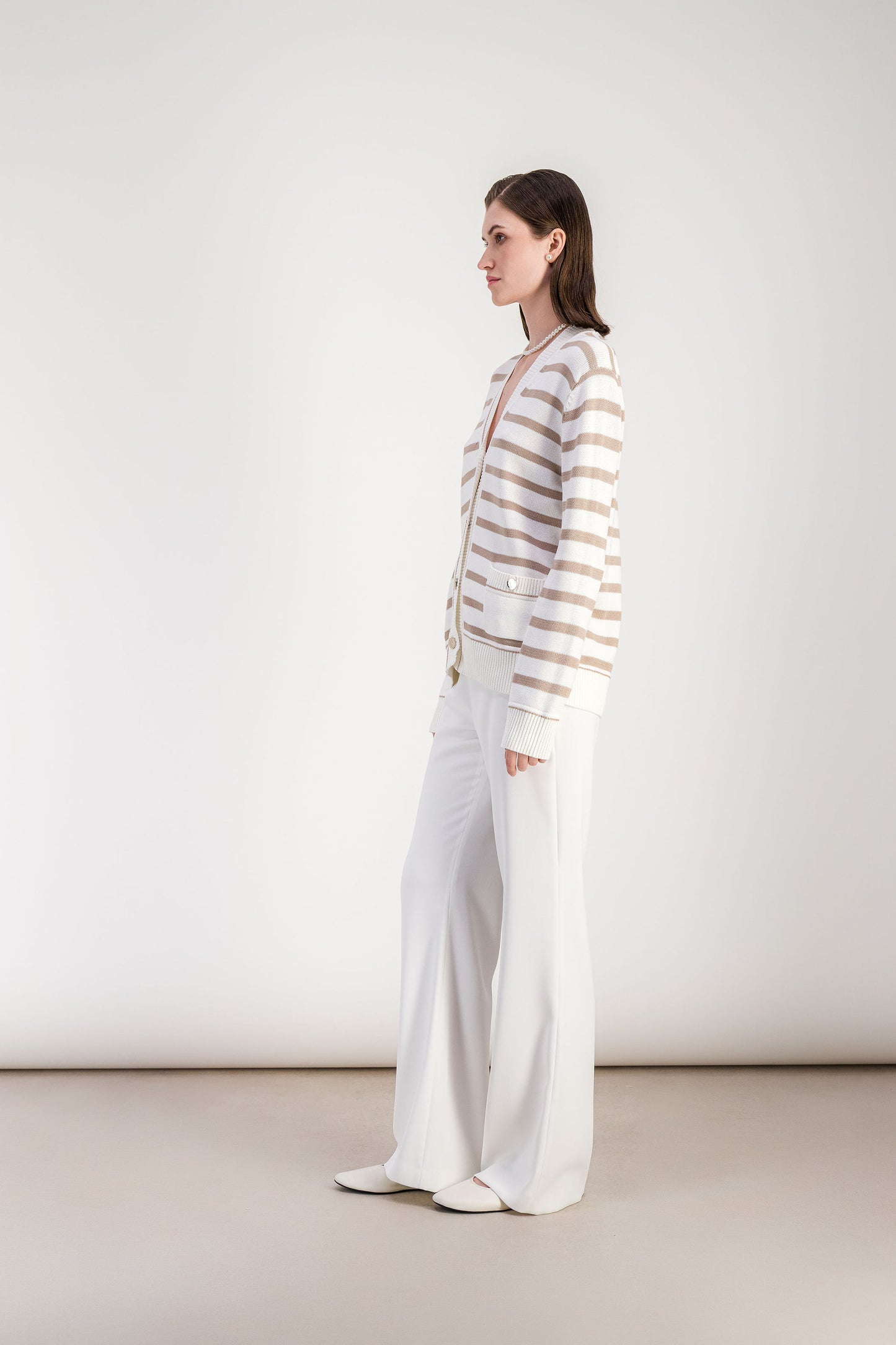 Cardigan droit beige moyen rayé