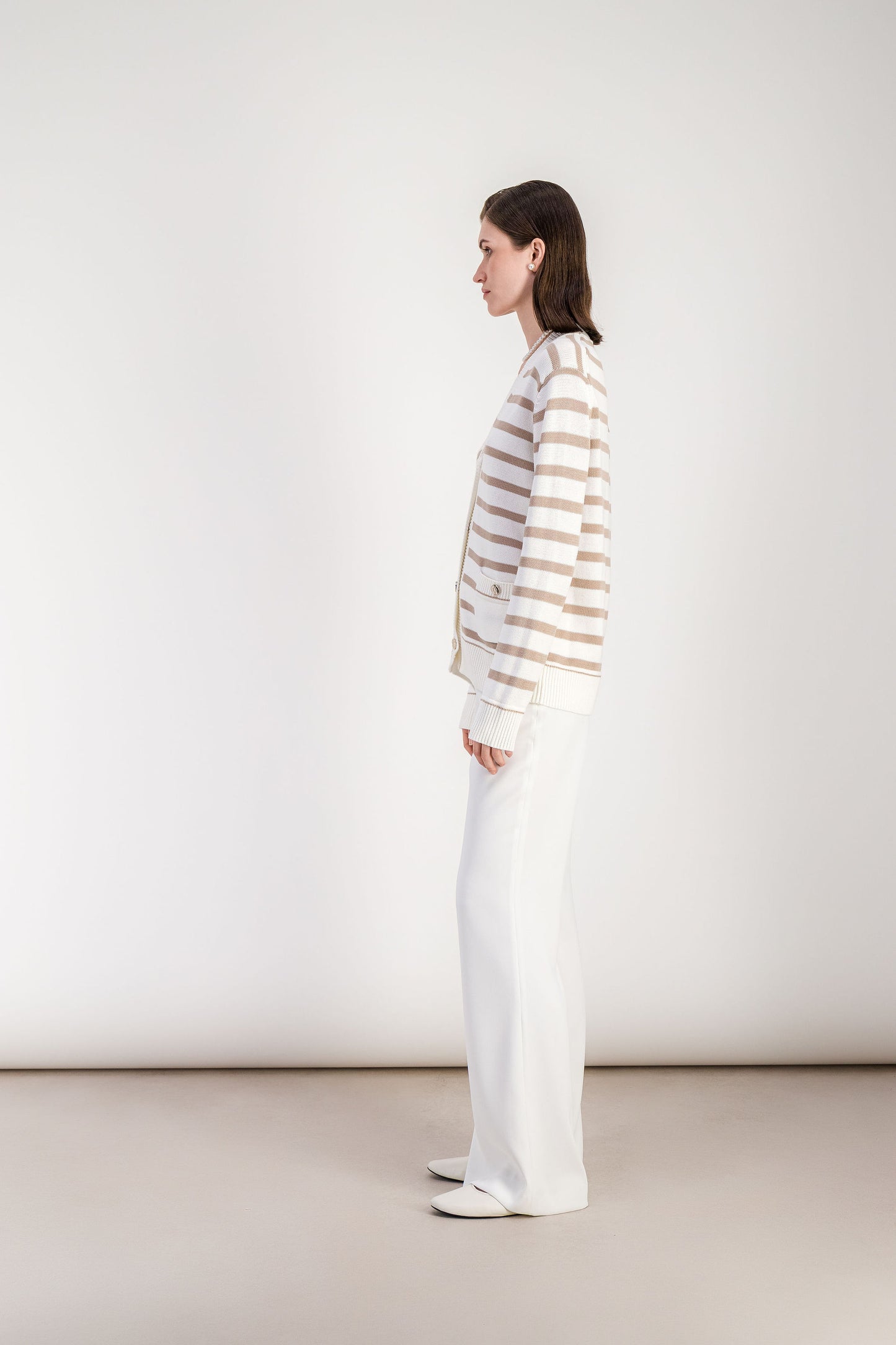 Cardigan droit beige moyen rayé