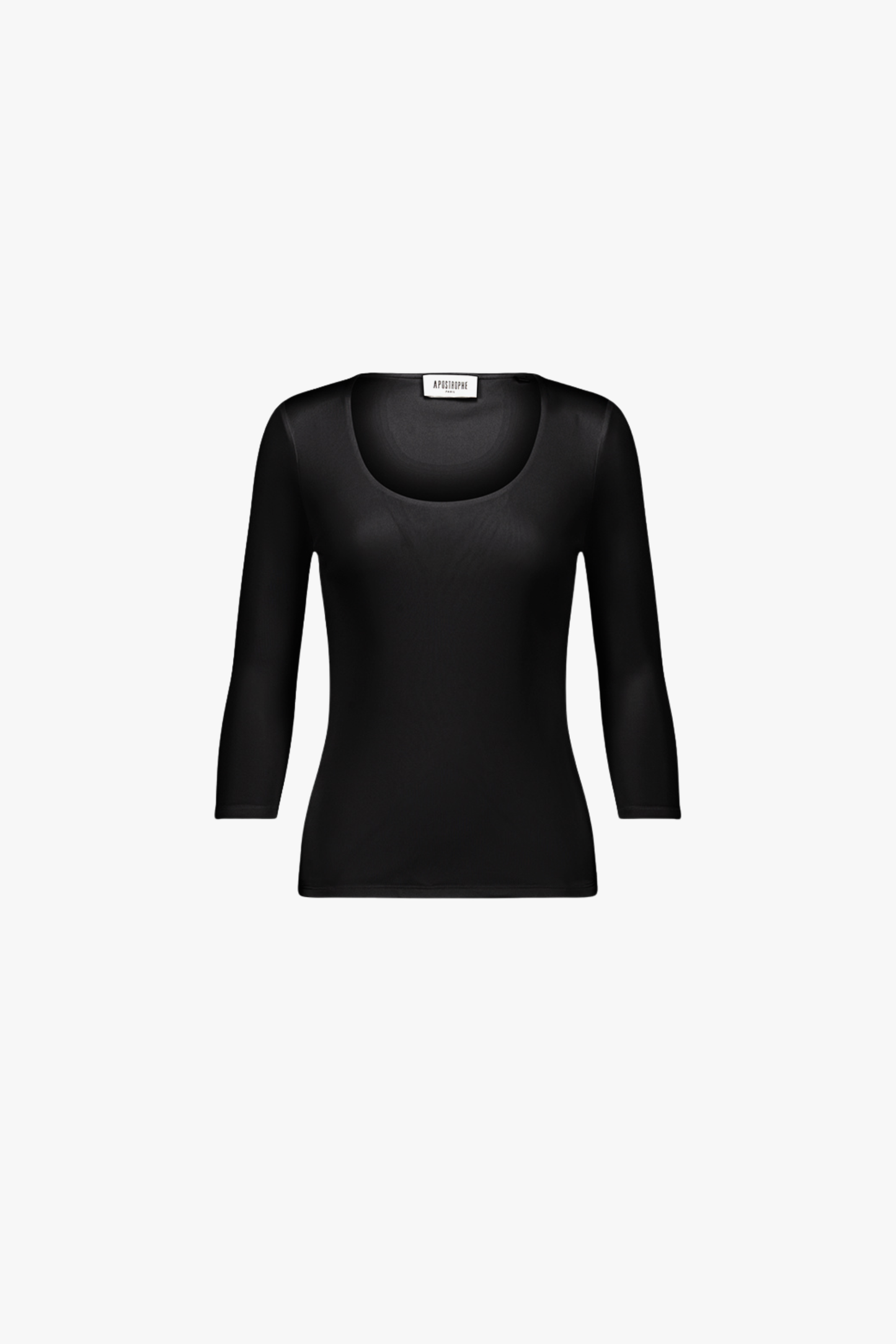 Top en soie noir à col rond et manches 3/4, coupe ajustée.