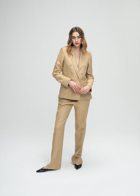 Beige fitted double-breasted suit jacket