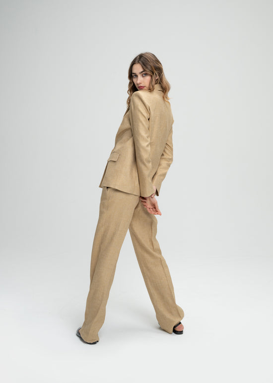 Pantalon en lin beige coupe droite et poches italiennes